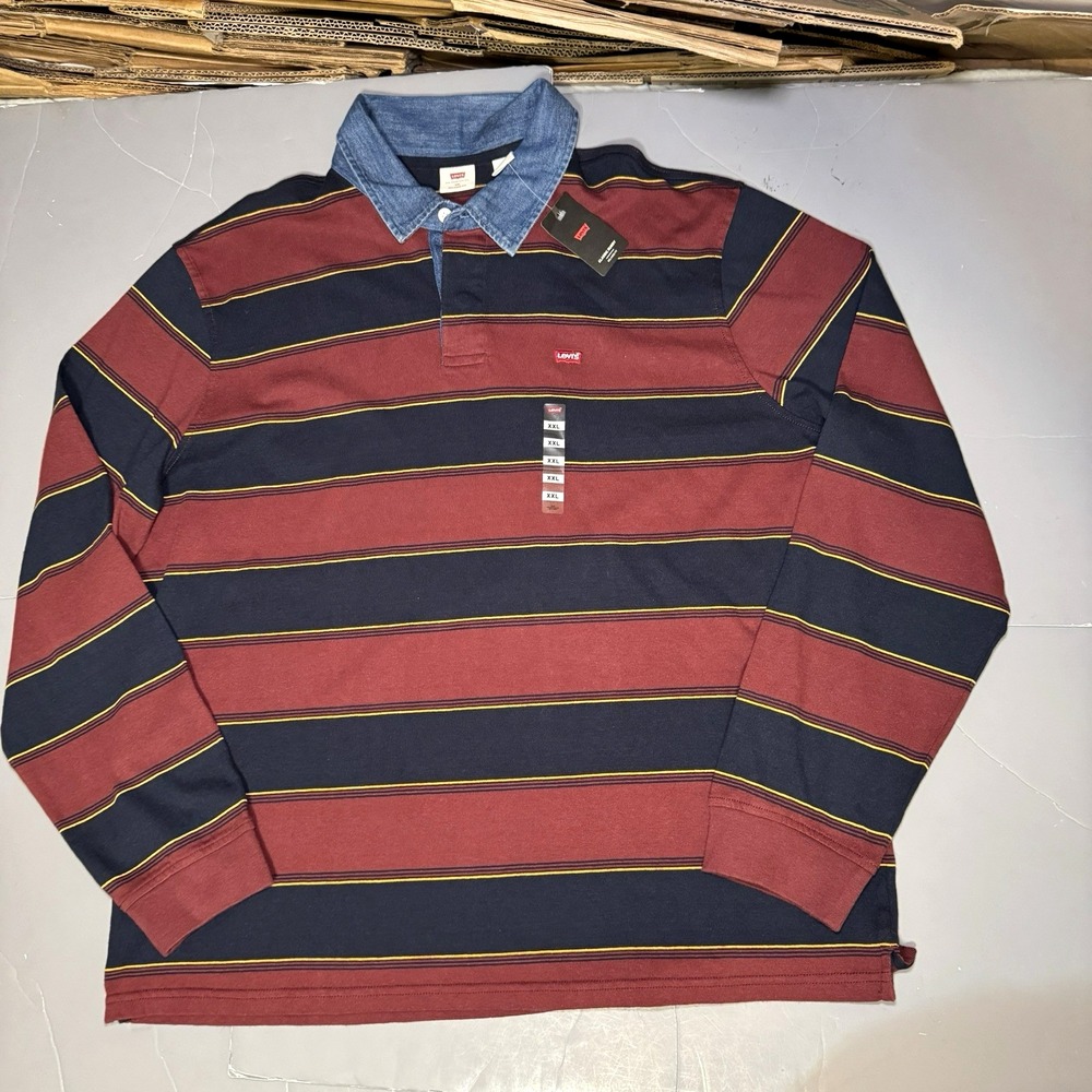 Levis Rugby Shirt Men XXL Blue Red Striped Denim Collar Preppy Collegiate New
